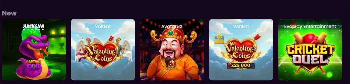 “New” game carousel showing tiles for Captain Coil (purple snake), Valentine’s Coins (two variants, one marked x25,000), 3 Power Dragons (smiling emperor character), and Cricket Duel (cricket-themed logo) on a dark purple background.