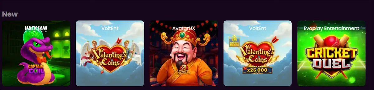 “New” game carousel showing tiles for Captain Coil (purple snake), Valentine’s Coins (two variants, one marked x25,000), 3 Power Dragons (smiling emperor character), and Cricket Duel (cricket-themed logo) on a dark purple background.