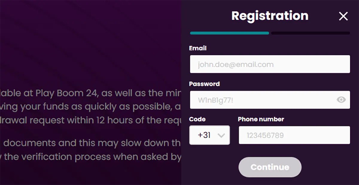 Registration pop-up form on a dark purple background with fields for email, password (with eye icon), country code selector (+31), phone number, and a grey “Continue” button, plus a close (X) icon.