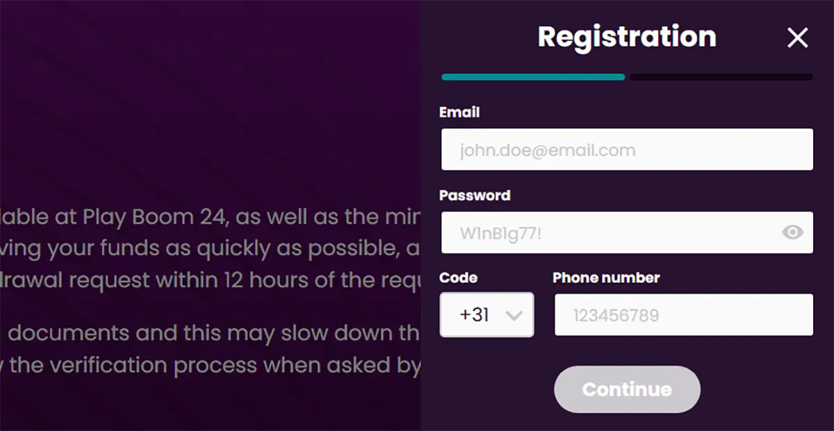 Registration pop-up form on a dark purple background with fields for email, password (with eye icon), country code selector (+31), phone number, and a grey “Continue” button, plus a close (X) icon.